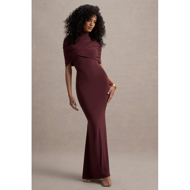 Cleora | Burgundy Twist Cape Maxi Dress