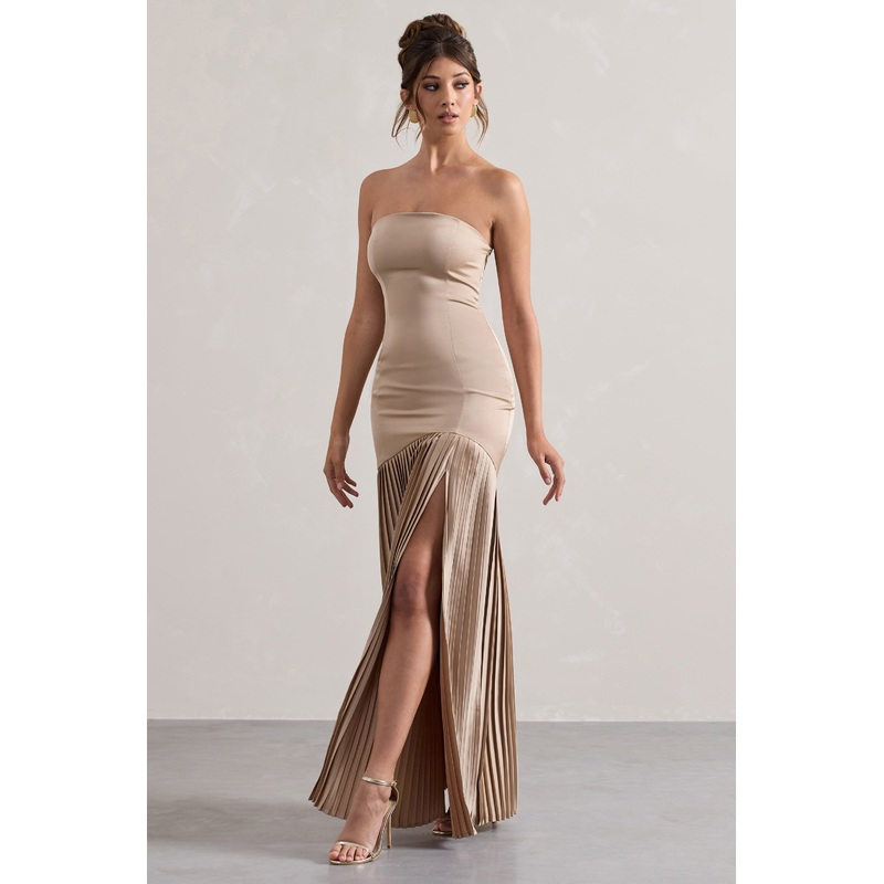 Confidence | Champagne Satin Bandeau Pleated Split Maxi Dress