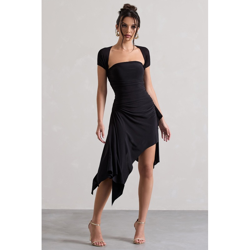Corsica | Black Gathered Mesh Long-Sleeve Draped Mini Dress