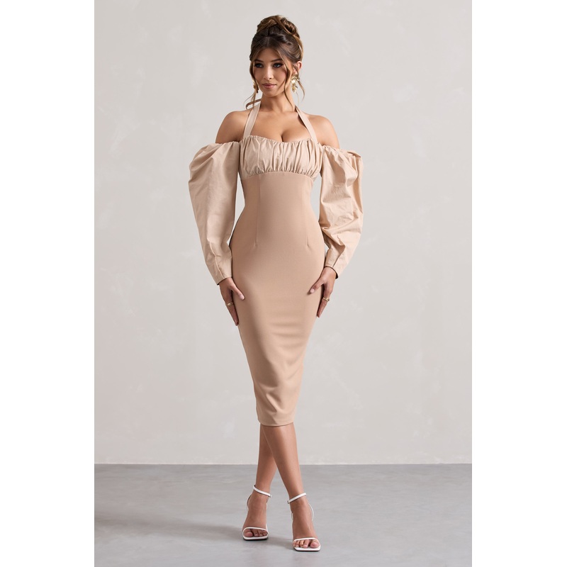 Couture Client | Champagne Halter-Neck Puff Sleeve Midi Dress
