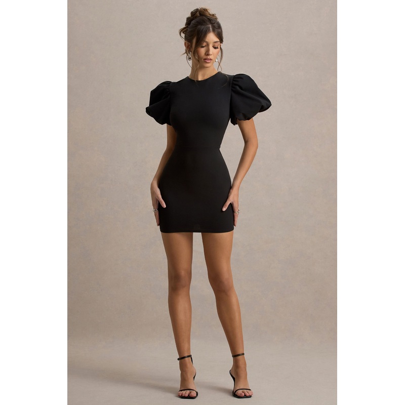 Delaney | Black Puff-Sleeve Mini Dress With White Bow