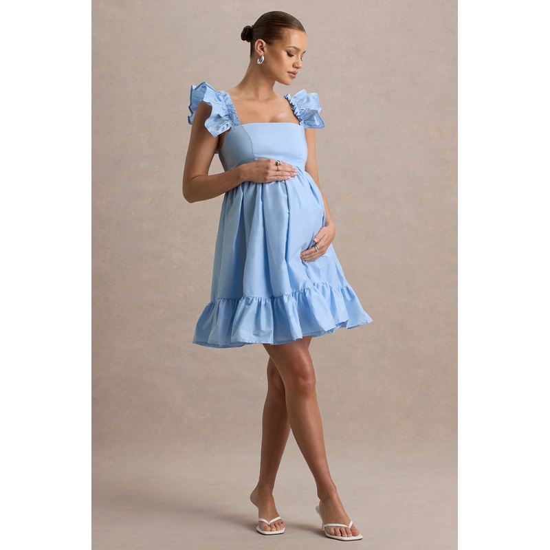 Dolly Daze | Powder Blue Ruffle Sleeve Babydoll Maternity Mini Dress