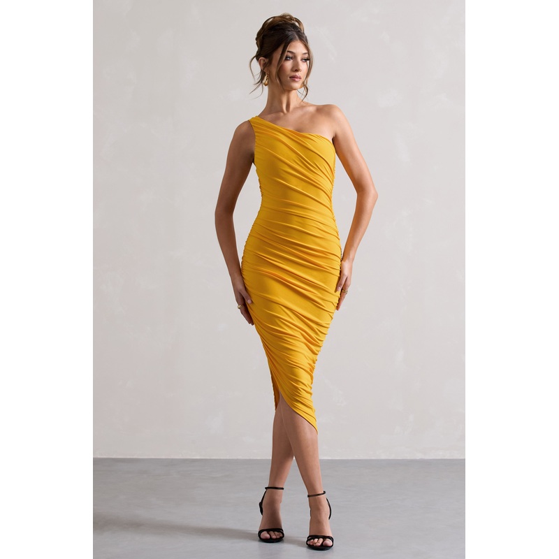 Dorit | Yellow One Shoulder Asymmetric Ruched Midi Dress