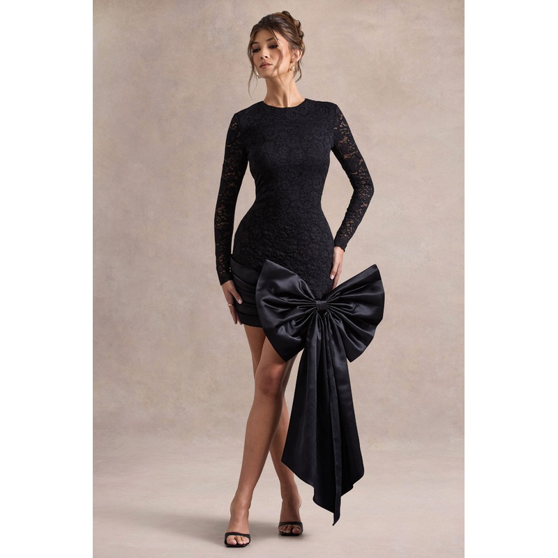 Evry | Black Lace Long-Sleeve Mini Dress With Oversized Satin Bow