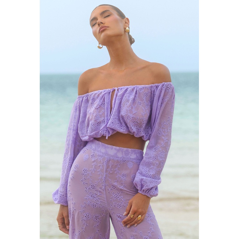 Fabienne | Lilac Broidery Bardot Puff-Sleeve Top