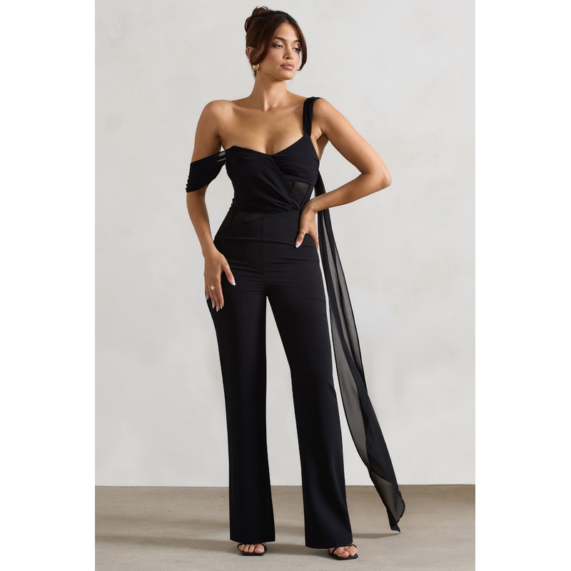 Fatale | Black Draped-Sleeve Corseted Jumpsuit With Sash