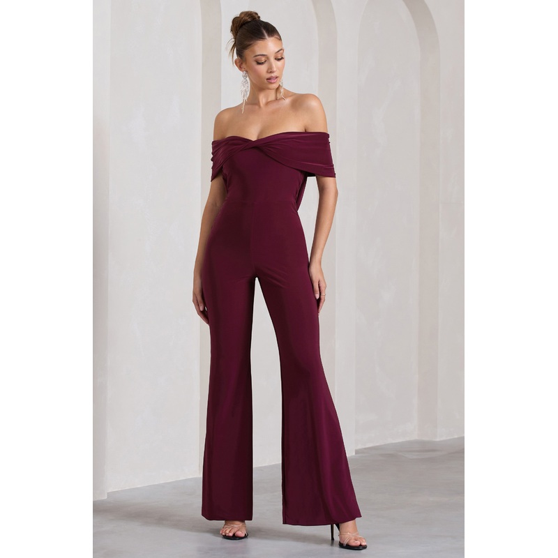 Gemma | Burgundy Bardot Open-Back Flared-Leg Jumpsuit
