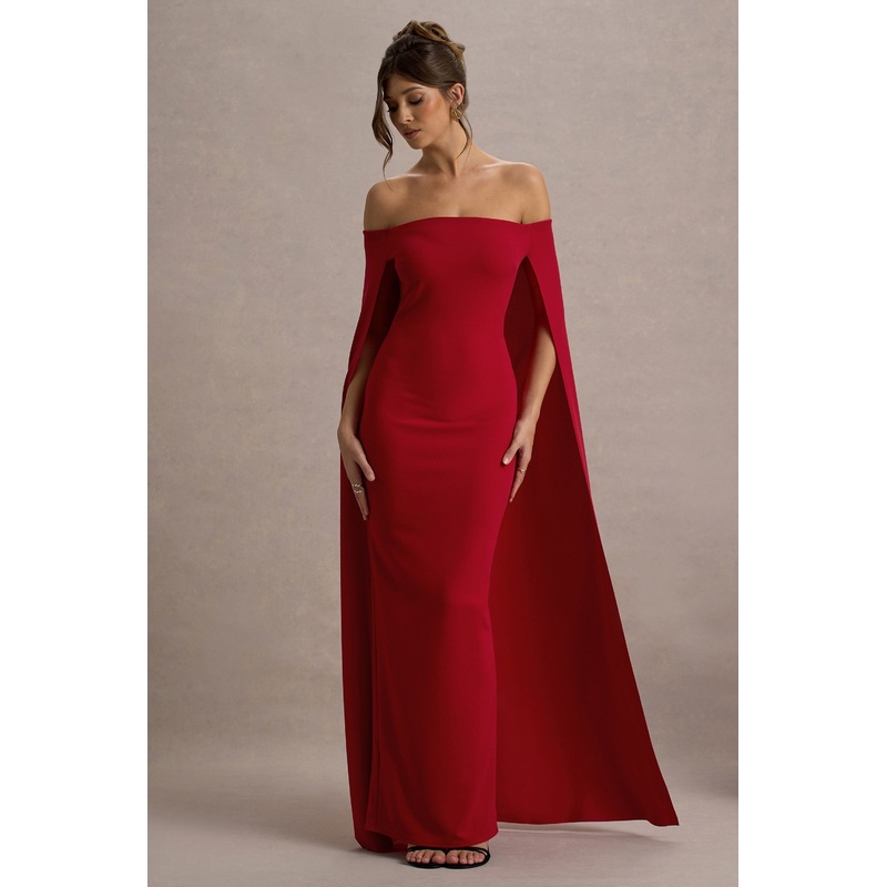 Genovia | Red Bardot Cape Maxi Dress