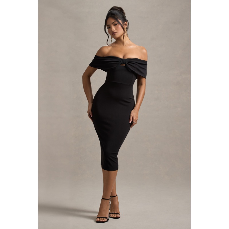 Hope | Black Bow Bardot Midi Dress
