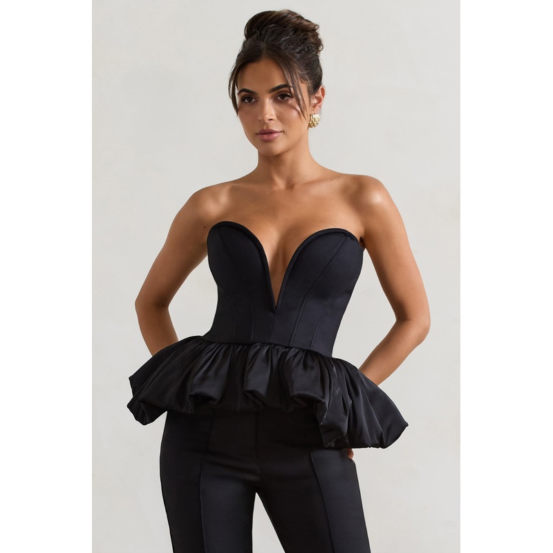 Huntley | Black Sweetheart Corset Top With Satin Puff Hem