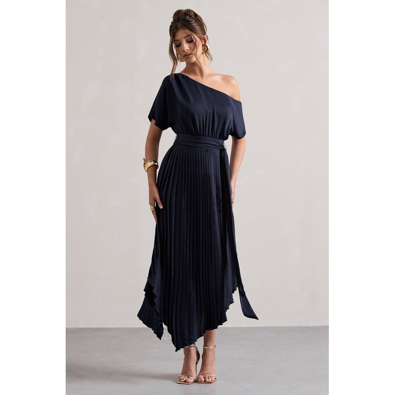 India | Navy Satin Asymmetric Plisse Maxi Dress