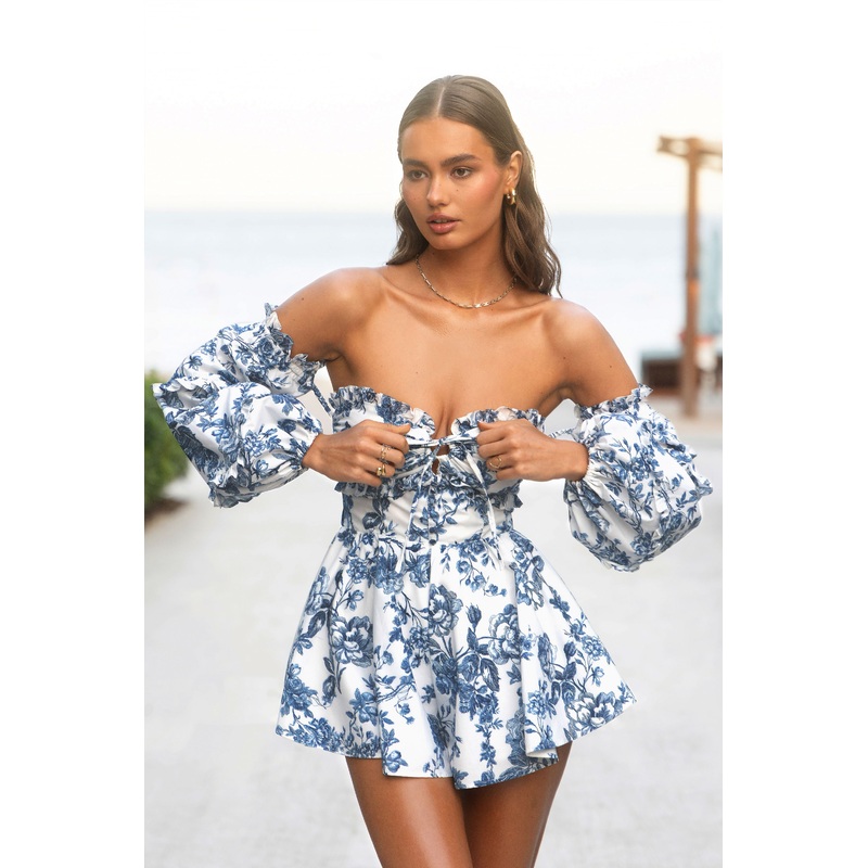 Ithaca | Blue Porcelain Print Bardot Ruffled Playsuit