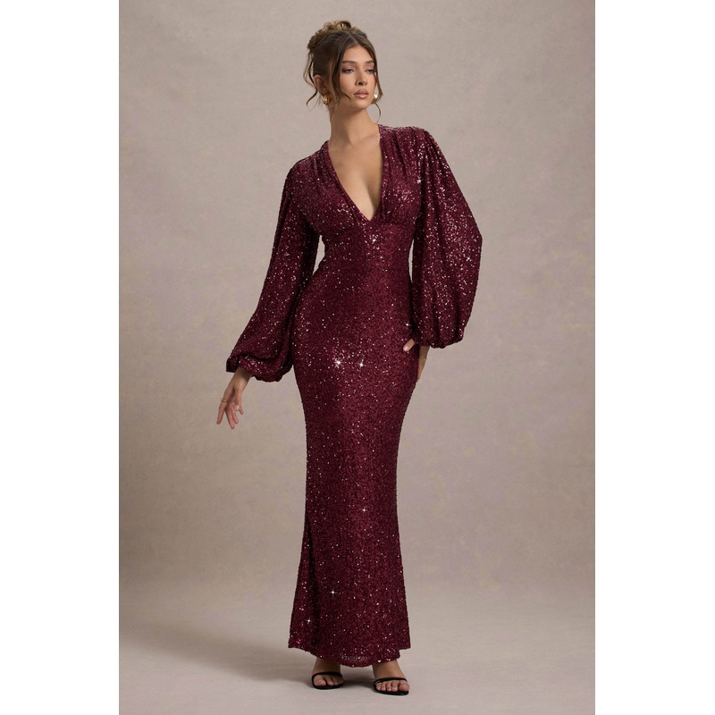Kaelin | Berry Sequin Plunge-Neck Maxi Dress