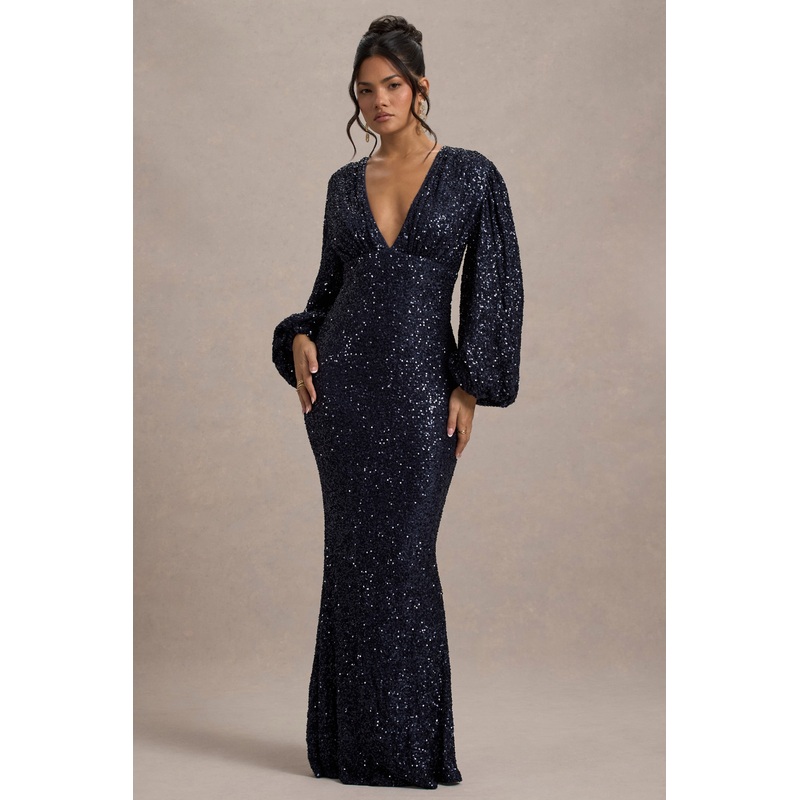 Kaelin | Navy Sequin Plunge-Neck Maxi Dress