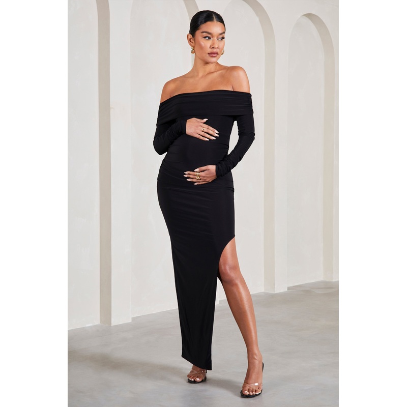 Kaylee | Black Ruched Strapless Long-Sleeved Split Maternity Maxi Dress