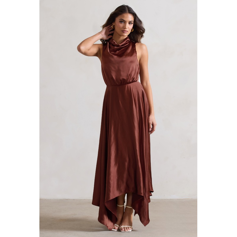 Kerri | Chocolate Brown Satin Cowl-Neck Maxi Dress