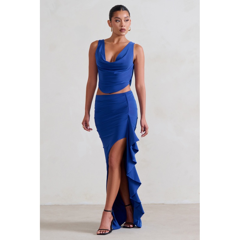 La Belle | Blue Ruffle Maxi Skirt With Thigh Split