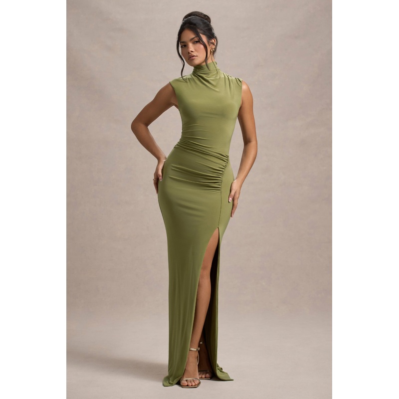 Lanetta | Olive Ruched High-Neck Maxi Dress With Split