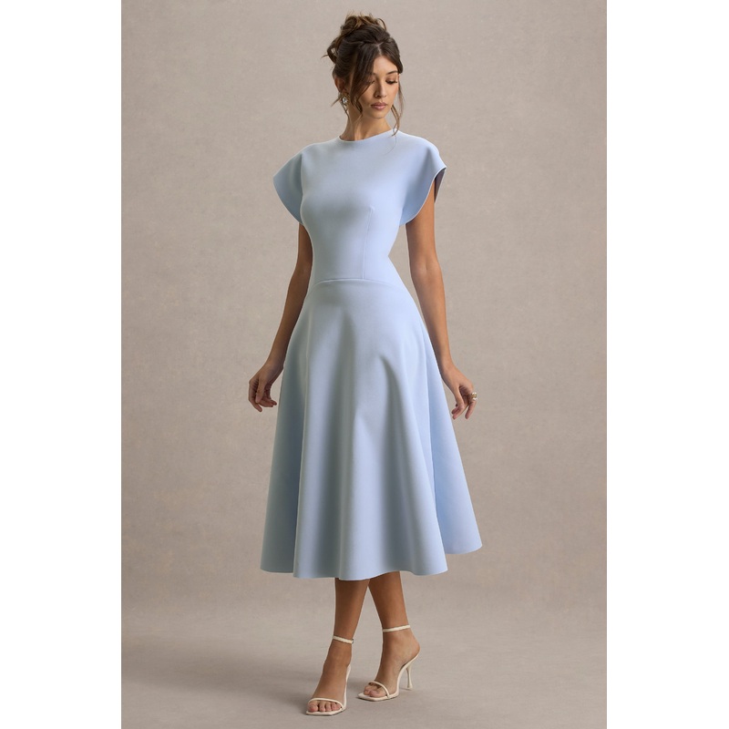 Linda | Powder Blue High-Neck Cap-Sleeve Midi Dress