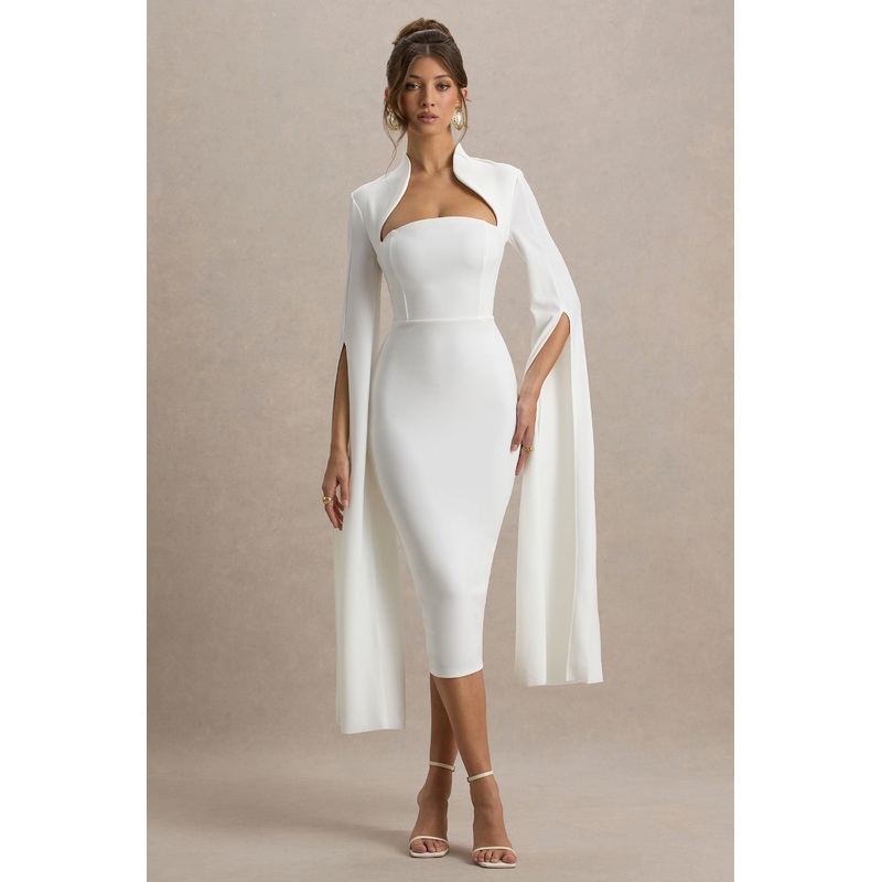 Linden | White Bodycon Cape-Sleeve Midi Dress