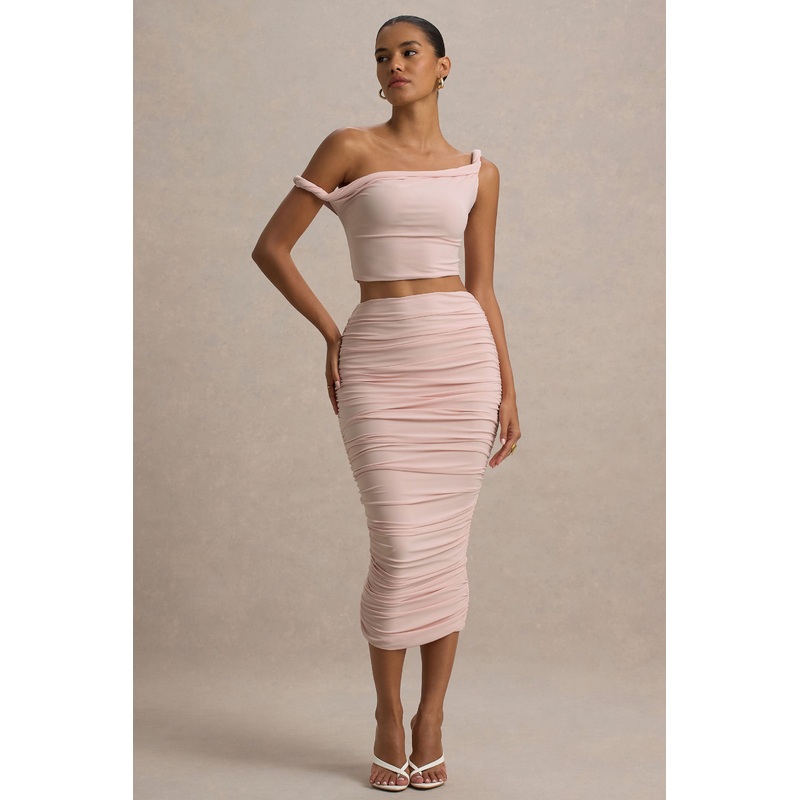 Lively | Light Pink Ruched Midi Skirt