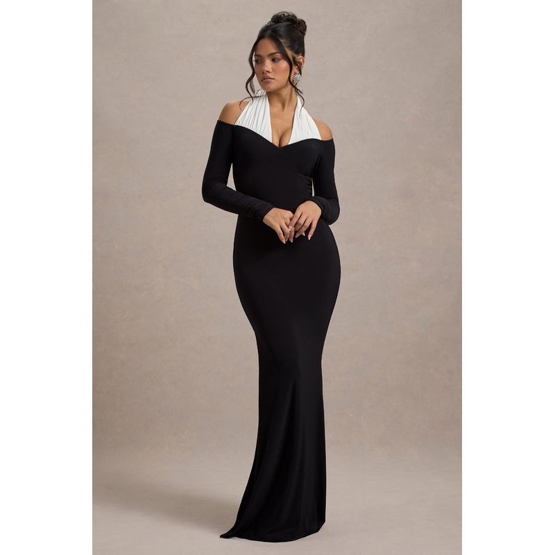 Living High | Black & White Halter-Neck Split Maxi Dress