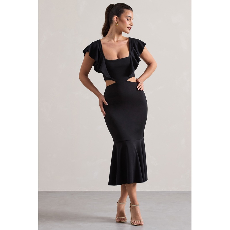 Macey | Black Square-Neck Cut-Out Ruffled Midi Dress