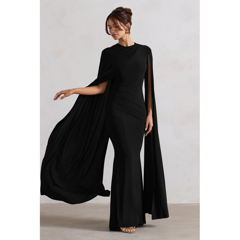Magdelena | Black Asymmetric Cape Maxi Dress