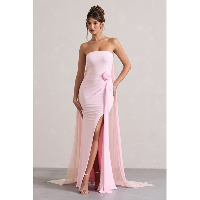 More To Come | Pink Strapless Wrap Cape Maxi Dress With Corsage