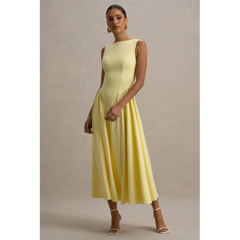 Muriel | Lemon Boat-Neck Volume-Hem Midi Dress