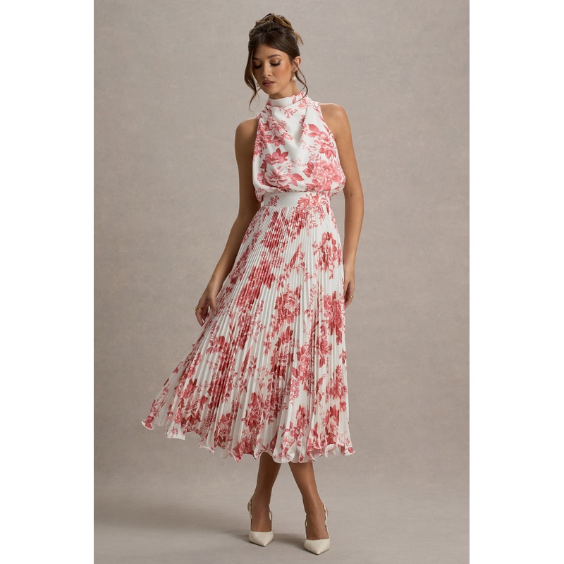 Nila | Pink Porcelain Print Cowl-Neck Midi Dress With Plisse Skirt