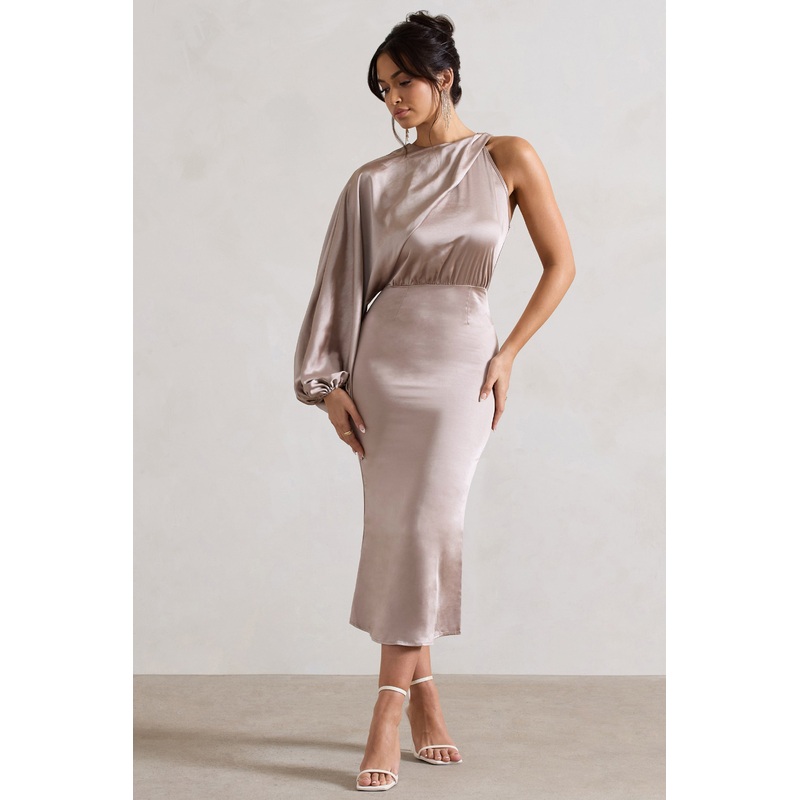 Nola | Taupe Satin One-Sleeve Midi Dress