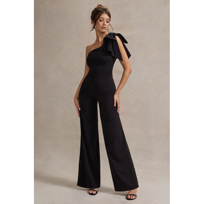 Orilla | Black One-Shoulder Wide-Leg Jumpsuit With Bow