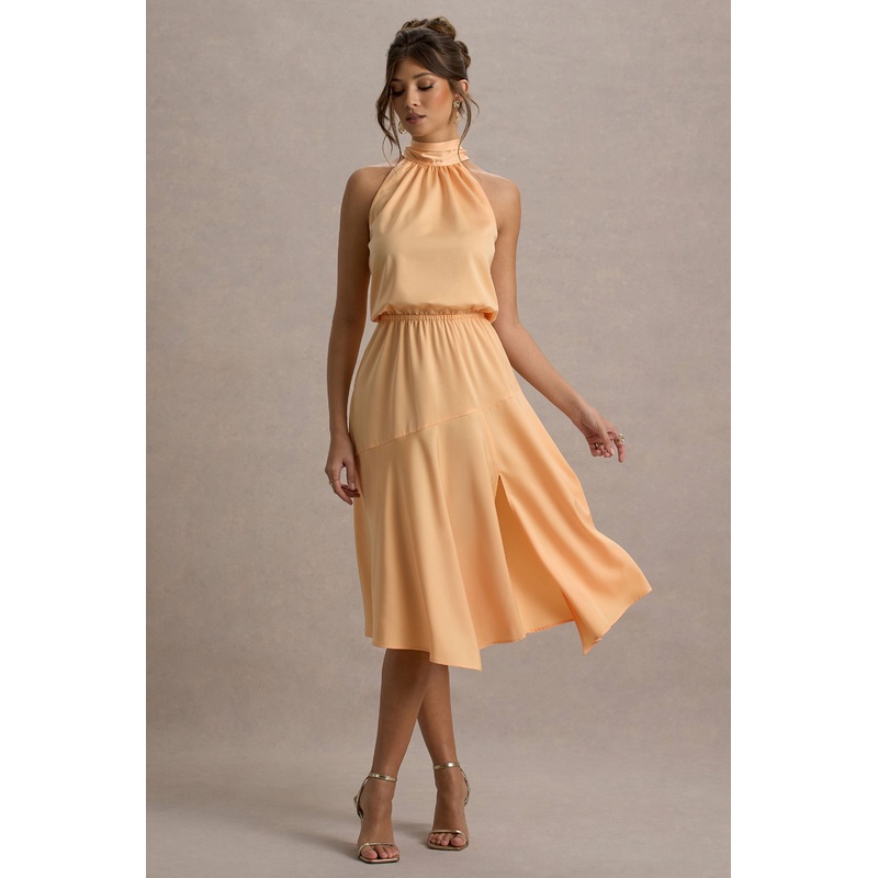 Palonia | Peach Satin High-Neck Split Midi Dress