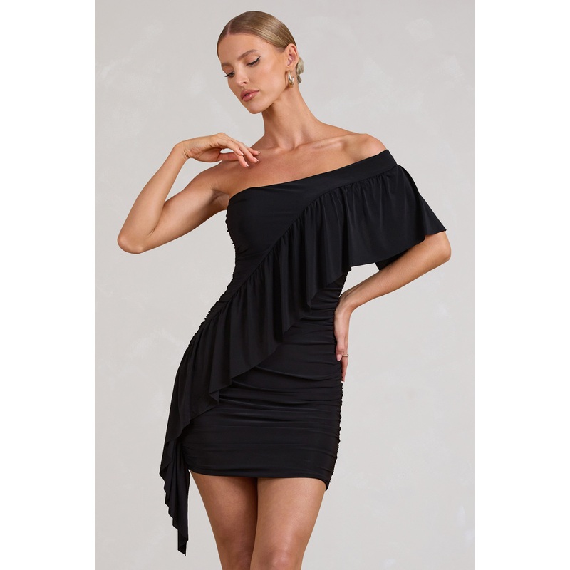 Parfait | Black Asymmetric Ruched Mini Dress With Statement Ruffles