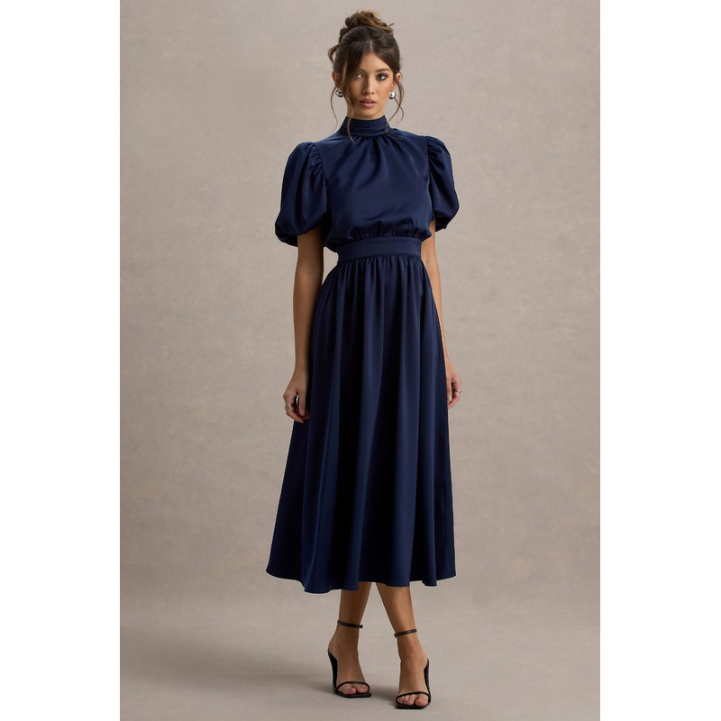 Persea | Navy Satin Puff-Sleeve Midi Dress With Bow