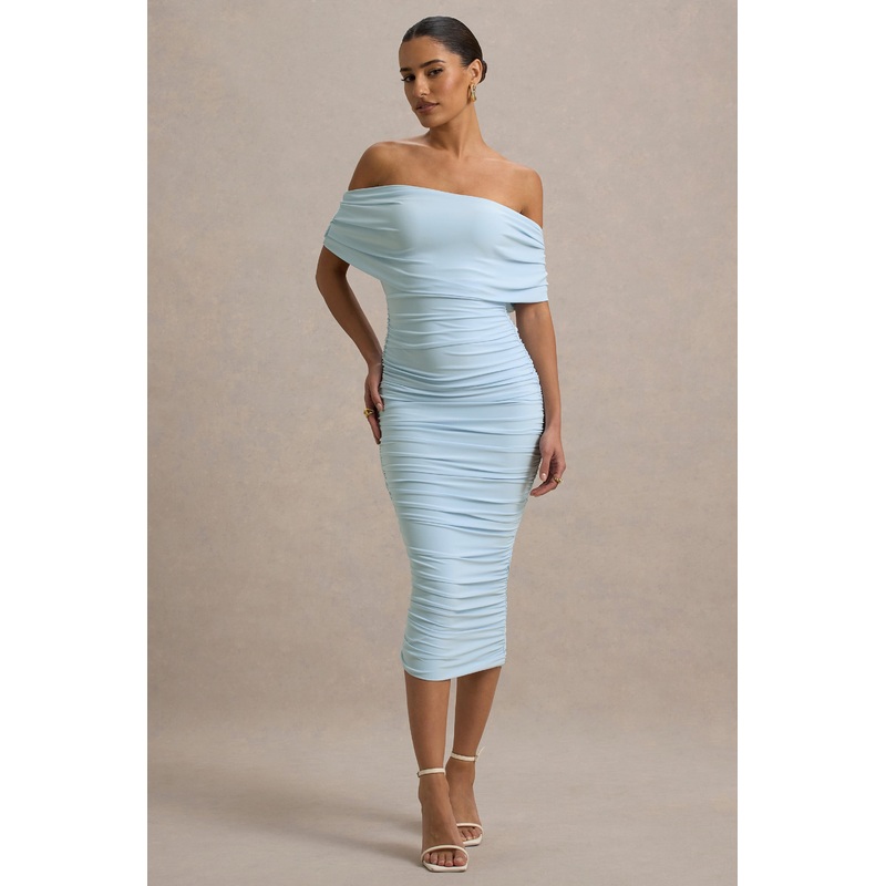 Rayleigh | Powder Blue Bardot Ruched Midi Dress