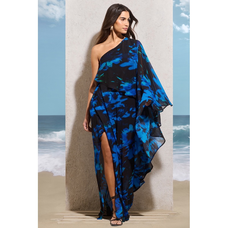 Ripple | Navy Floral Print Chiffon Oversized Asymmetric Maxi Dress