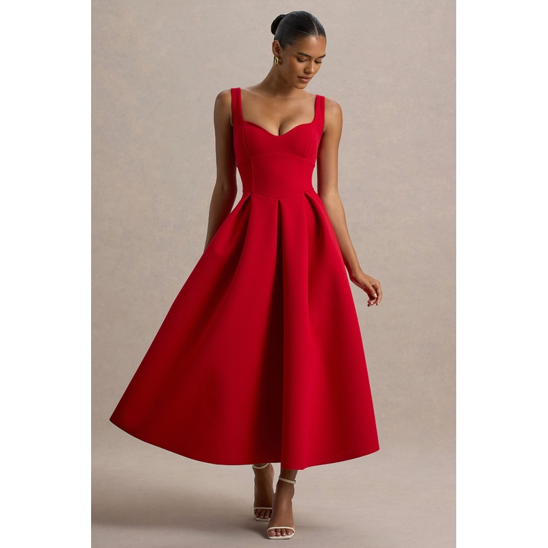 Rosemary | Red Sweetheart Midi Dress With Drop Waist