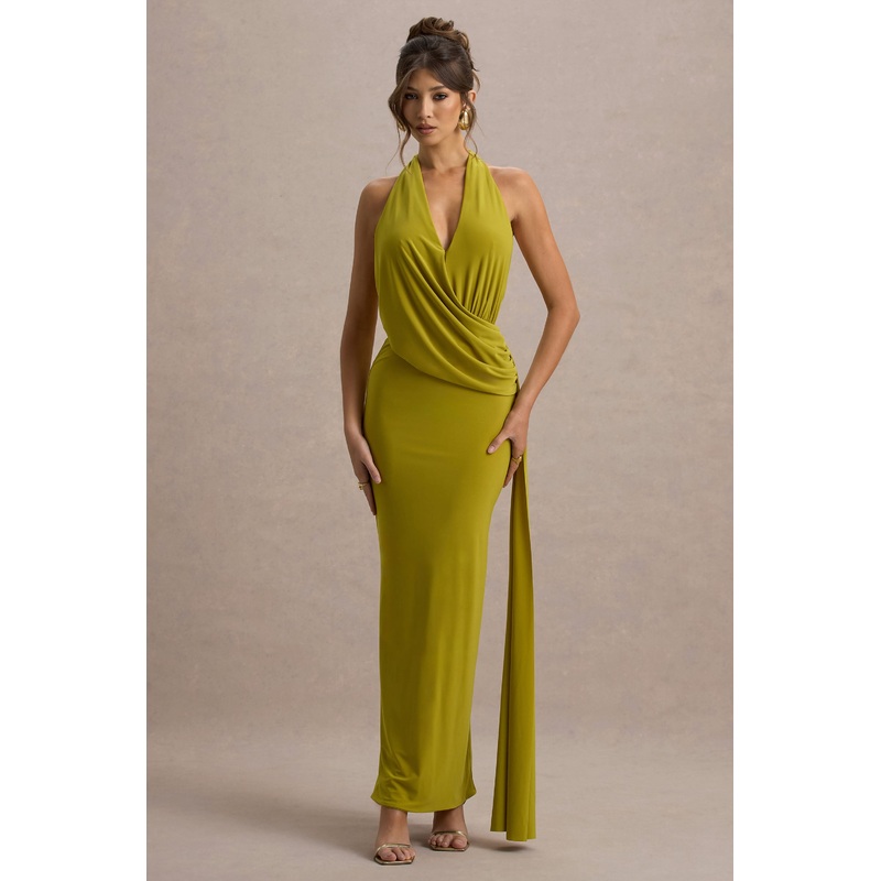 Rosina | Green Halter-Neck Draped Maxi Dress With Sash