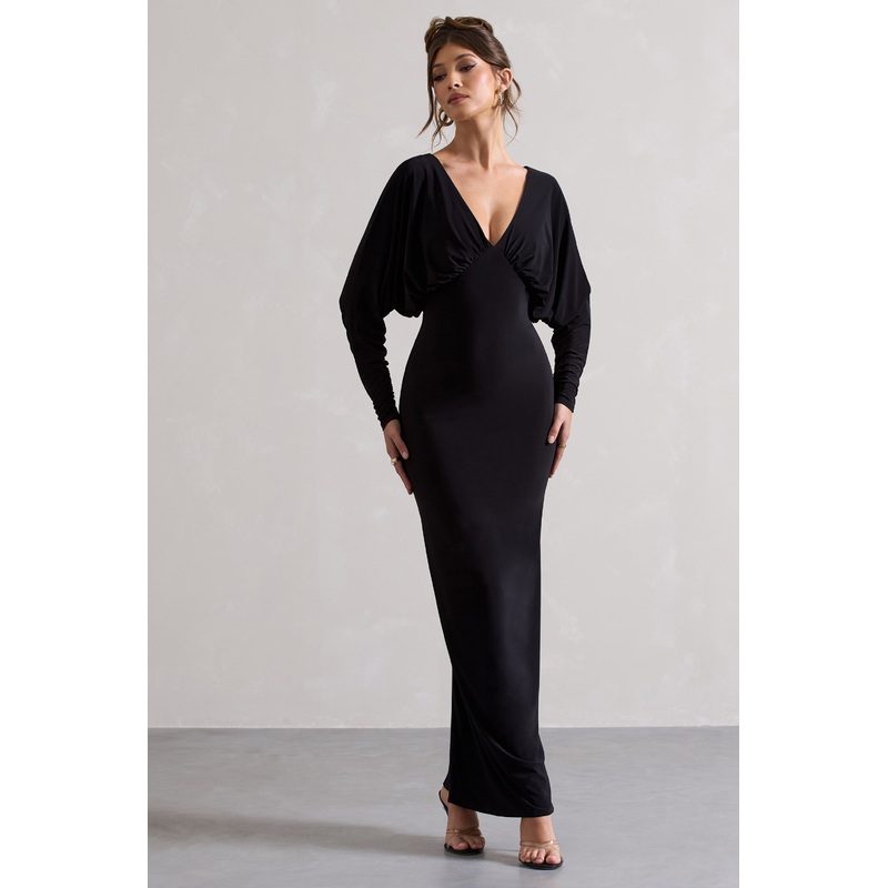 Ruth | Black Draped Plunge-Neck Maxi Dress