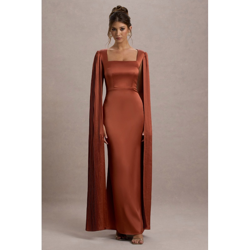 Saloma | Rust Satin Square-Neck Maxi Dress With Cape Sleeves