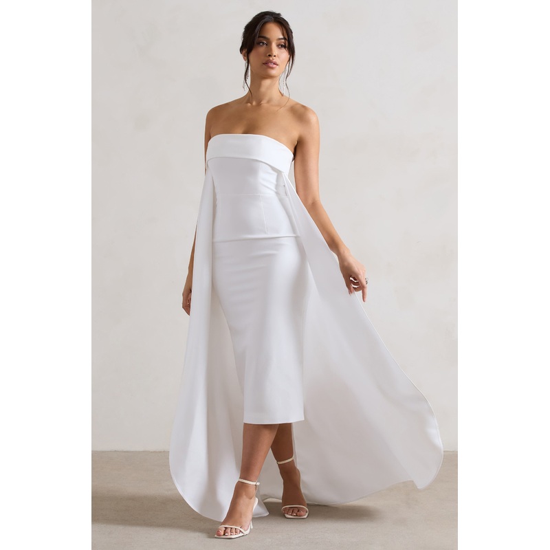 Save The Date | Cream Bandeau Midi Dress With Train