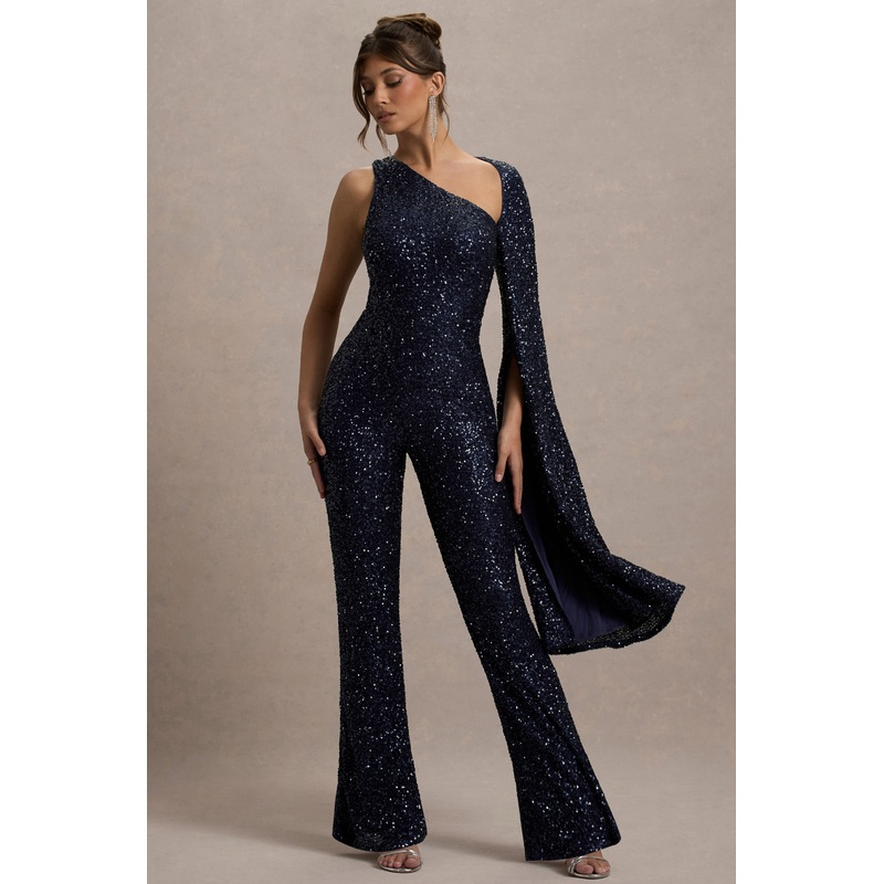 Star Seeker | Navy Sequin One-Shoulder Cape Sleeve Jumpsuit
