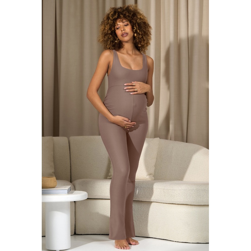 Teagan | Mocha Square-Neck Slim-Leg Maternity Jumpsuit
