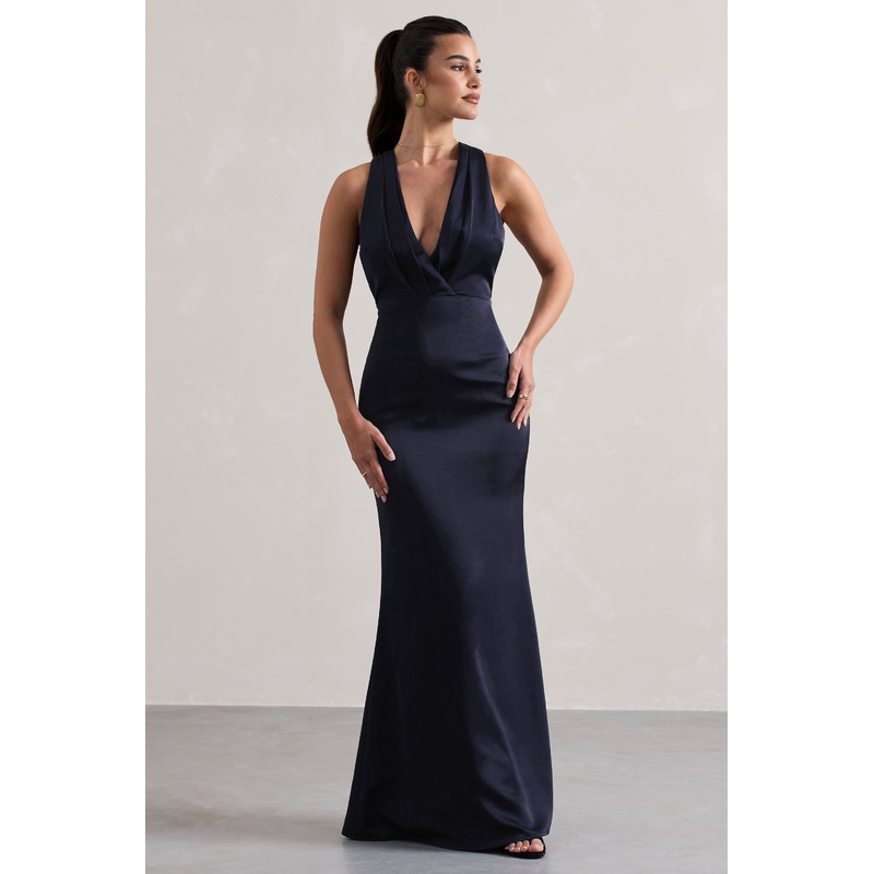 Tiffany | Navy Satin Plunge-Neck Maxi Dress