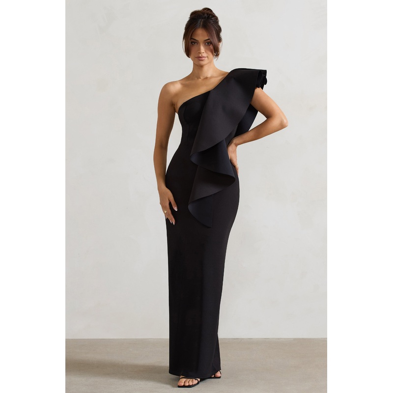 Timeless Love | Black Asymmetric Draped Ruffle Maxi Dress