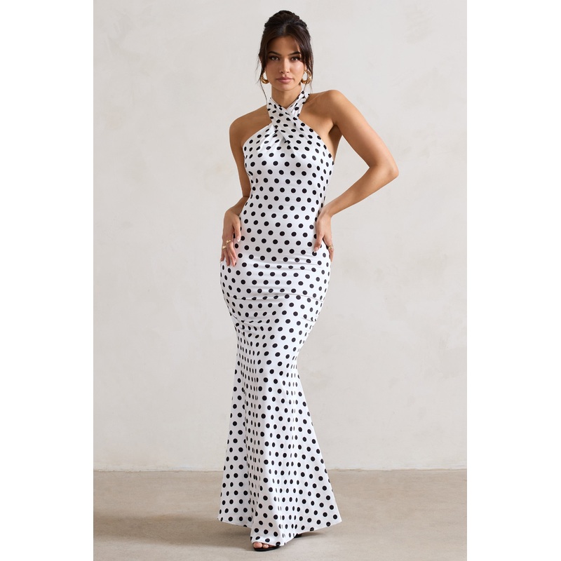 Unstoppable | White Polka Dot Satin Cross Over Halter Neck Maxi Dress