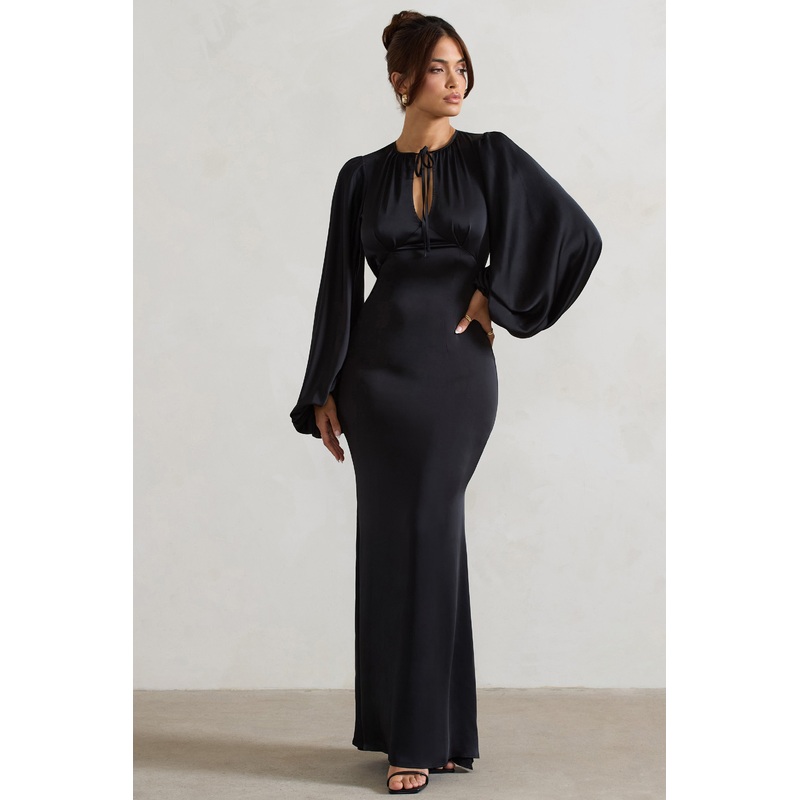 Wild Rose | Black Satin Puff-Sleeve Cut-Out Maxi Dress