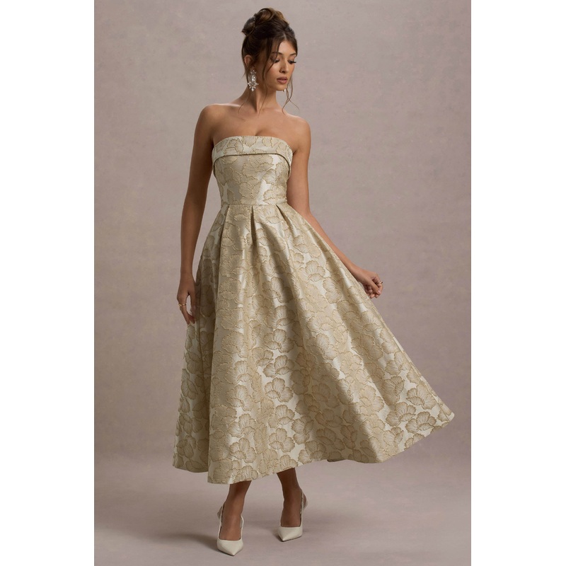 Zuma | Gold Metallic Jacquard Strapless Midi Dress